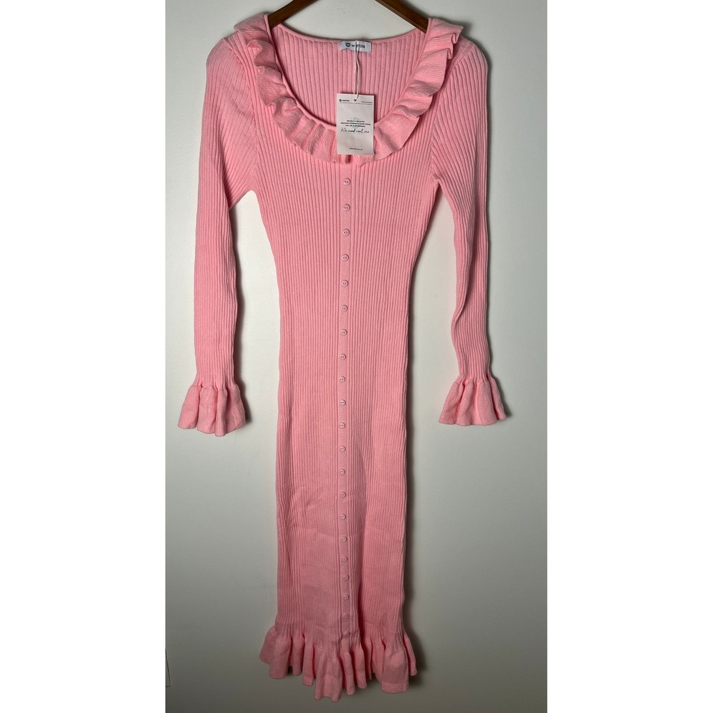 NWT! Wenrine Ribbed‎ Knit Midi Dress LG Pink Ruffle Barbie Preppy Chic Glam Euro